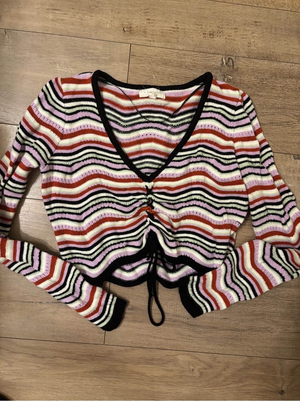 La Hearts Striped Cropped V-Neck Drawstring Top - Pink, Red, Black, Cream